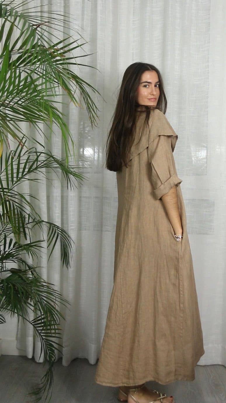 REF 2632 DRESS WITH LAPEL COLLAR 100% LINEN: Blue