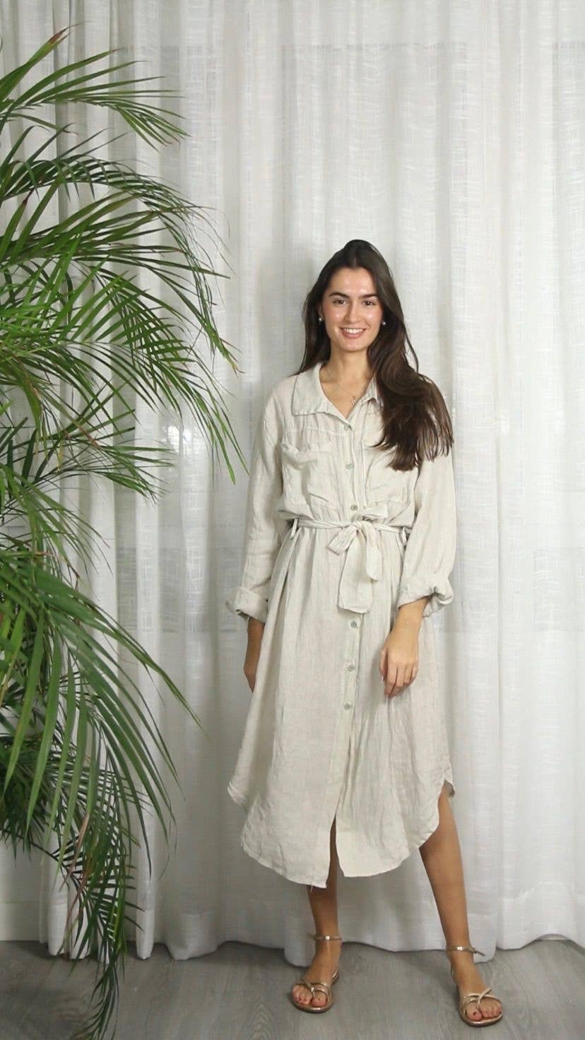 REF 26201 LONG SHIRT DRESS WITH WAIST 100% LINEN: CAMEL
