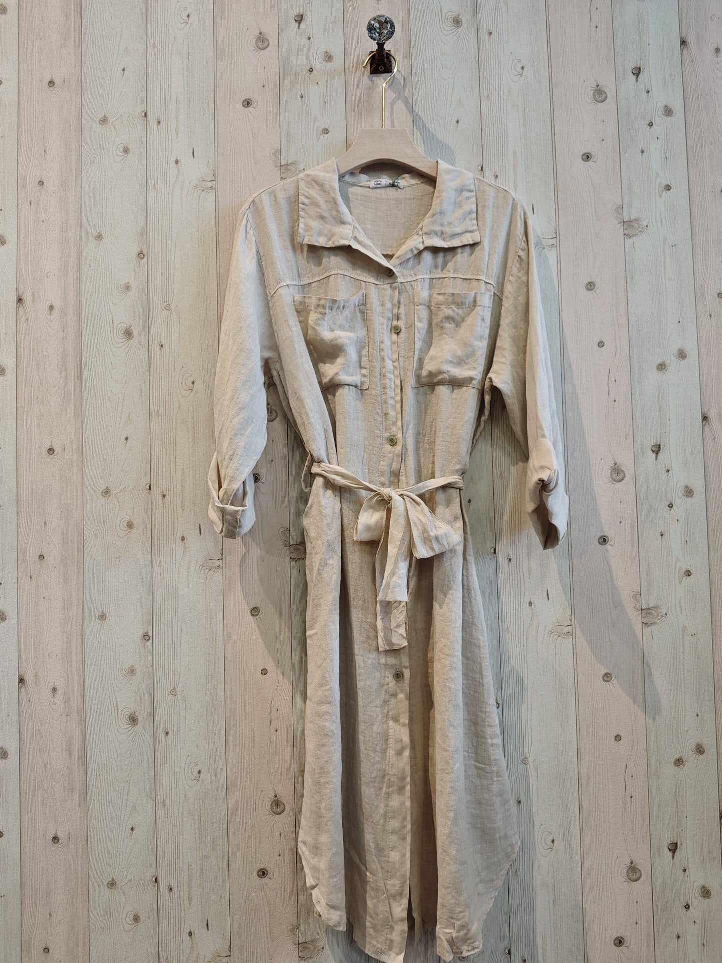 REF 26201 LONG SHIRT DRESS WITH WAIST 100% LINEN: CAMEL