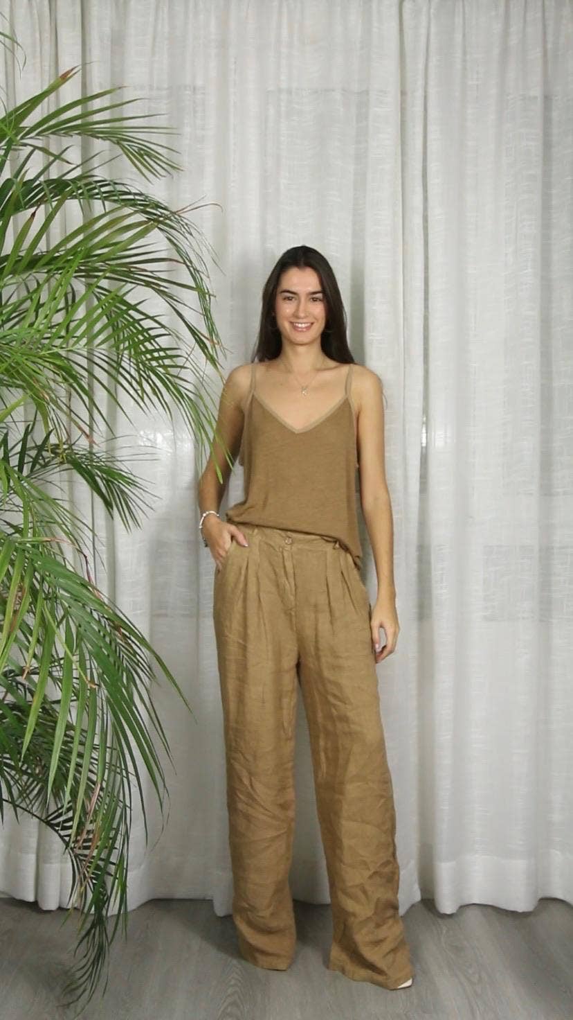 REF 14893 100% LINEN T-SHIRT WITH THIN STRAPS: CAMEL