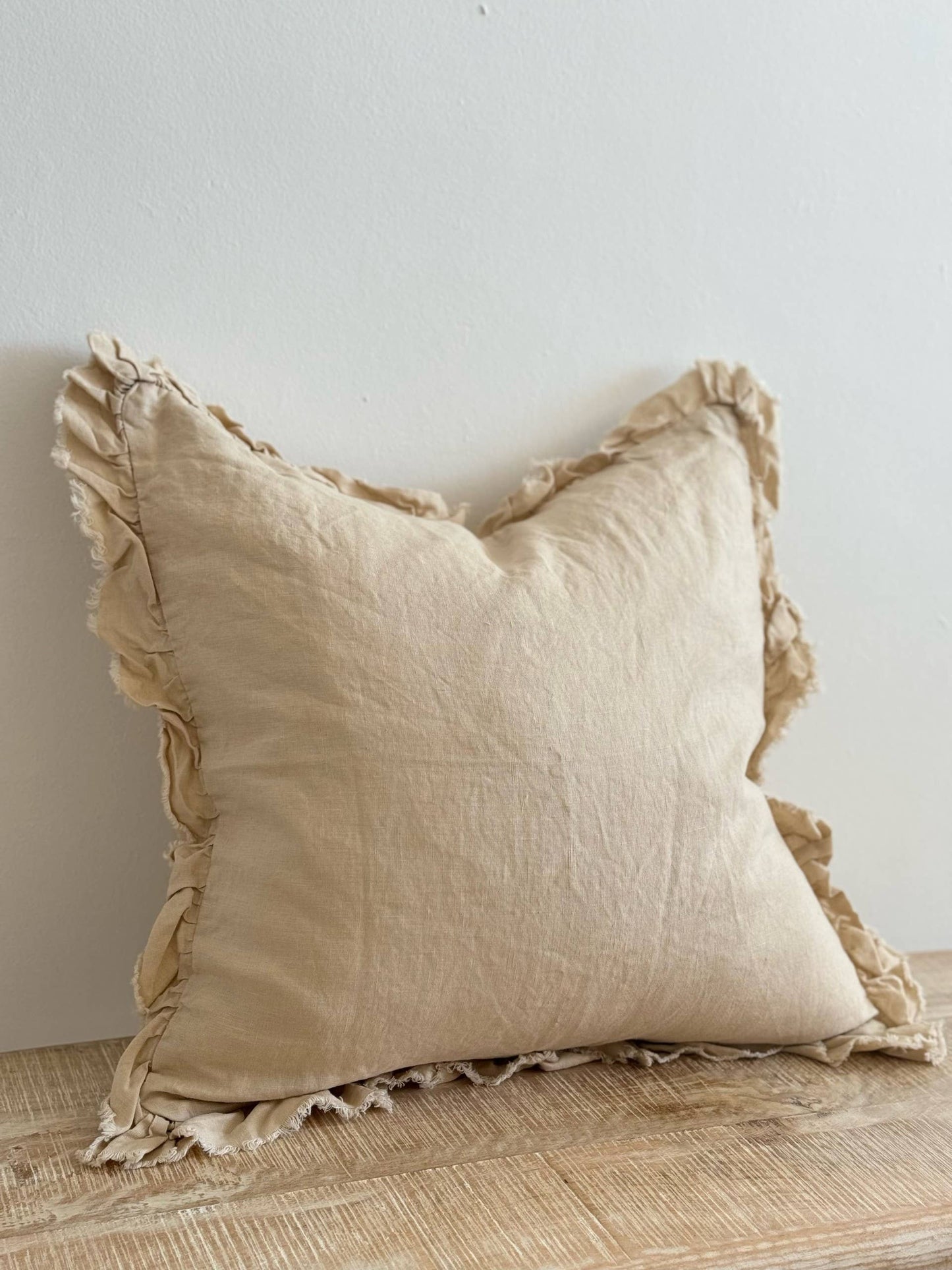Hallie Dark Cream Cushion Cover – Ruffled edge linen : 45 x 45 cm