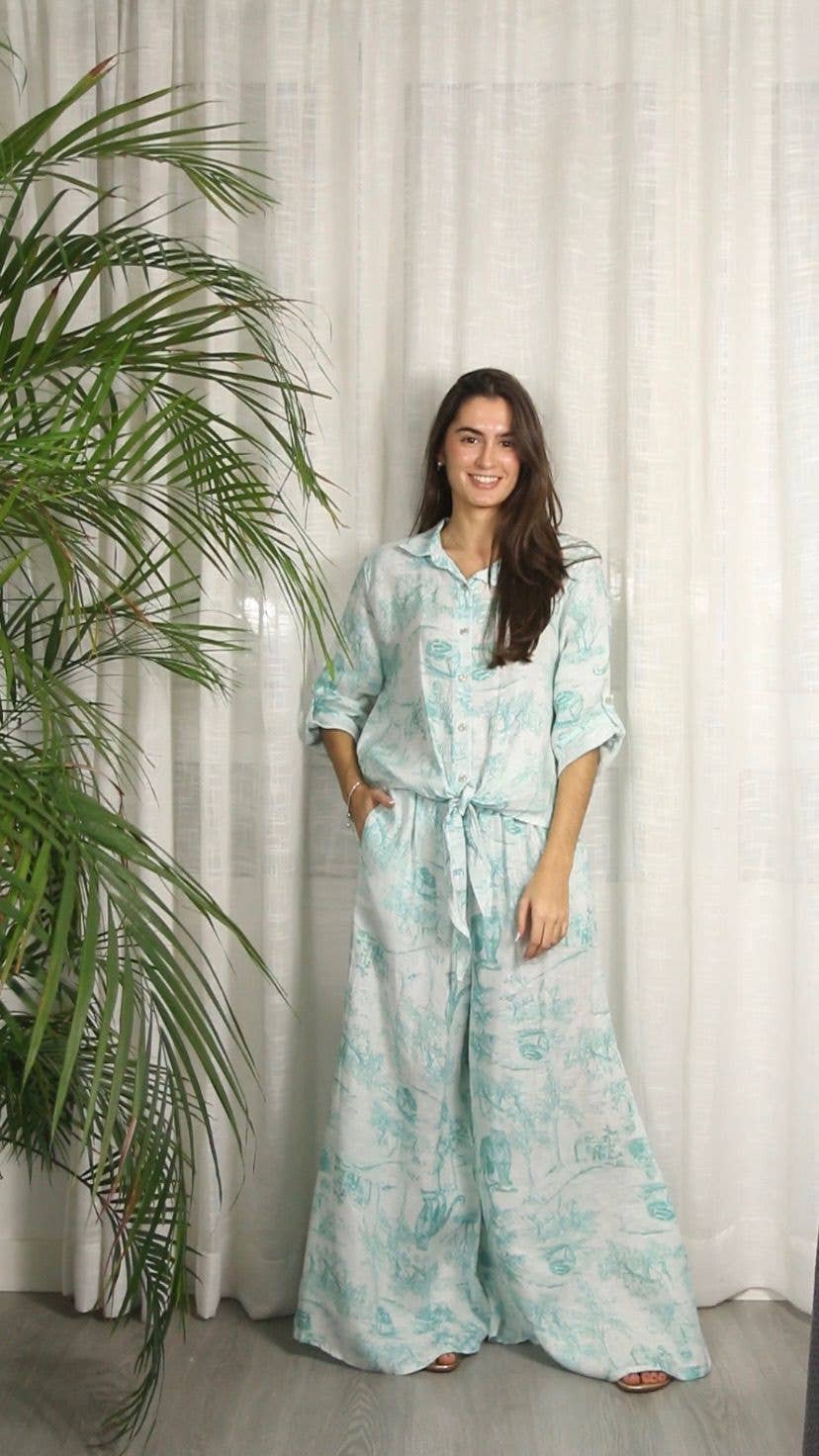 REF 8226 KNOT SHIRT PRINTED 100% LINEN: Blue