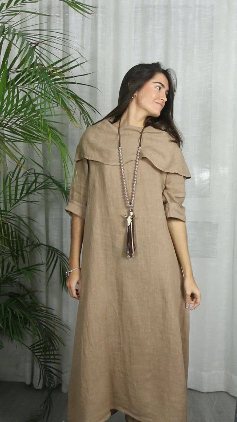 REF 2632 DRESS WITH LAPEL COLLAR 100% LINEN: Beige
