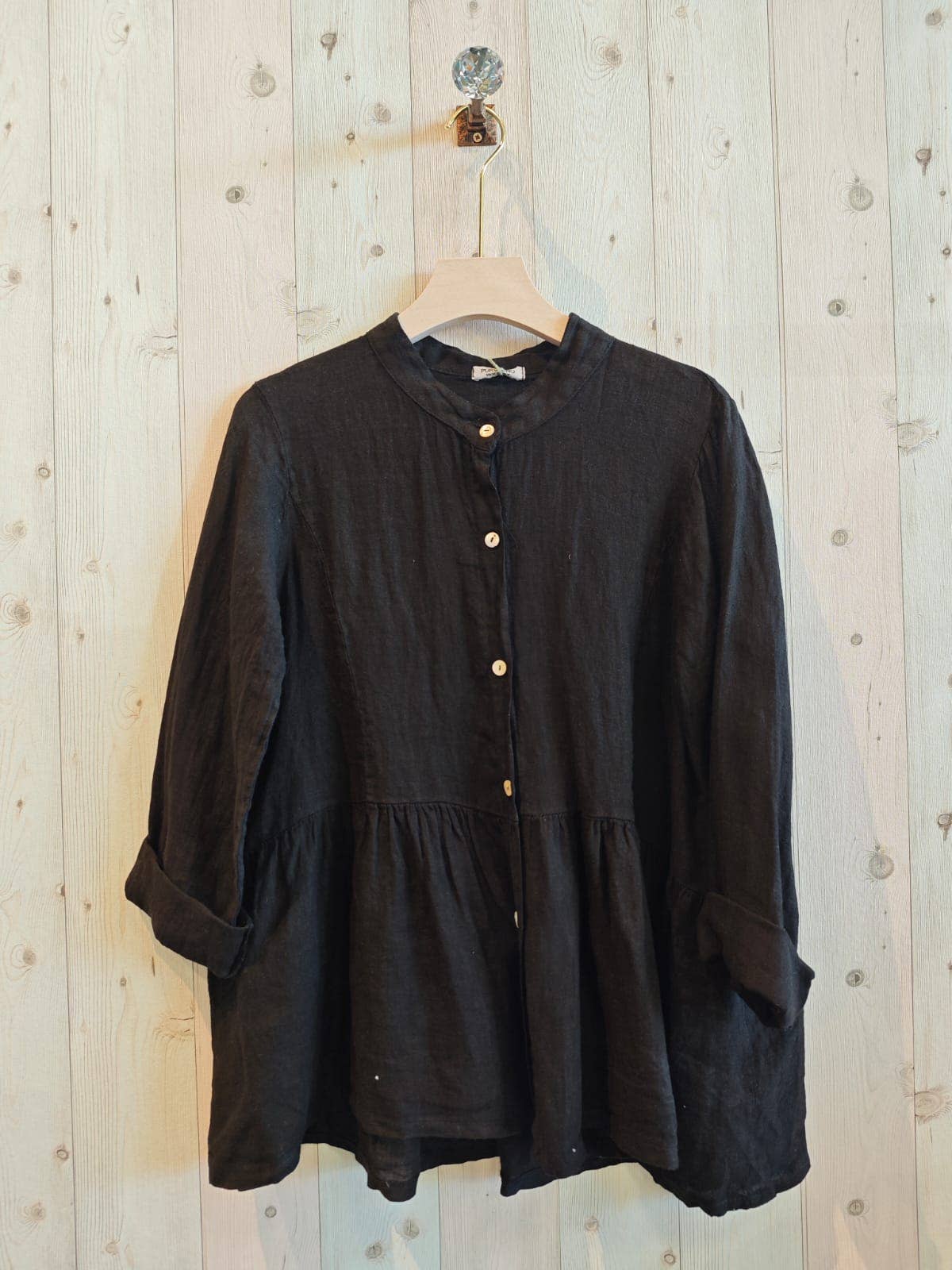 100% LINEN BLOUSE MAO COLLAR: Black