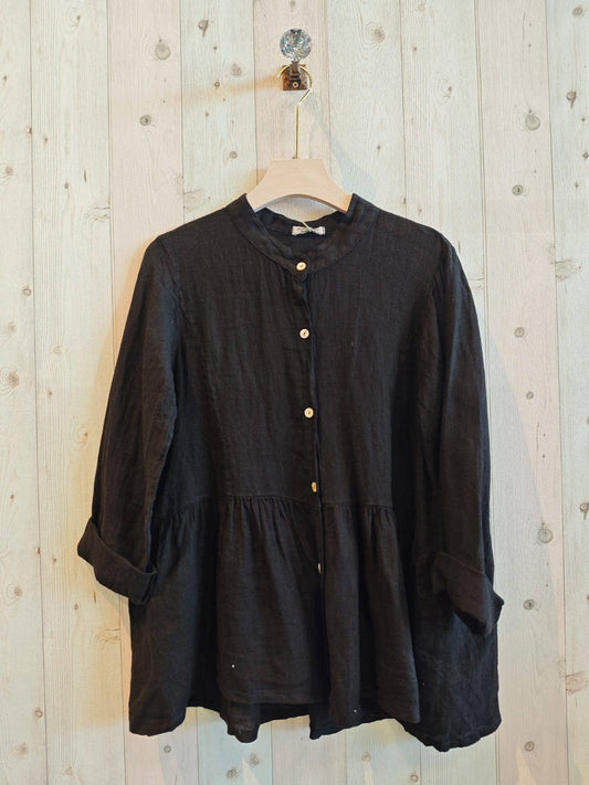 100% LINEN BLOUSE MAO COLLAR: Black