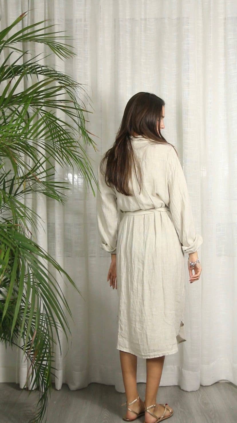 REF 26201 LONG SHIRT DRESS WITH WAIST 100% LINEN: CAMEL