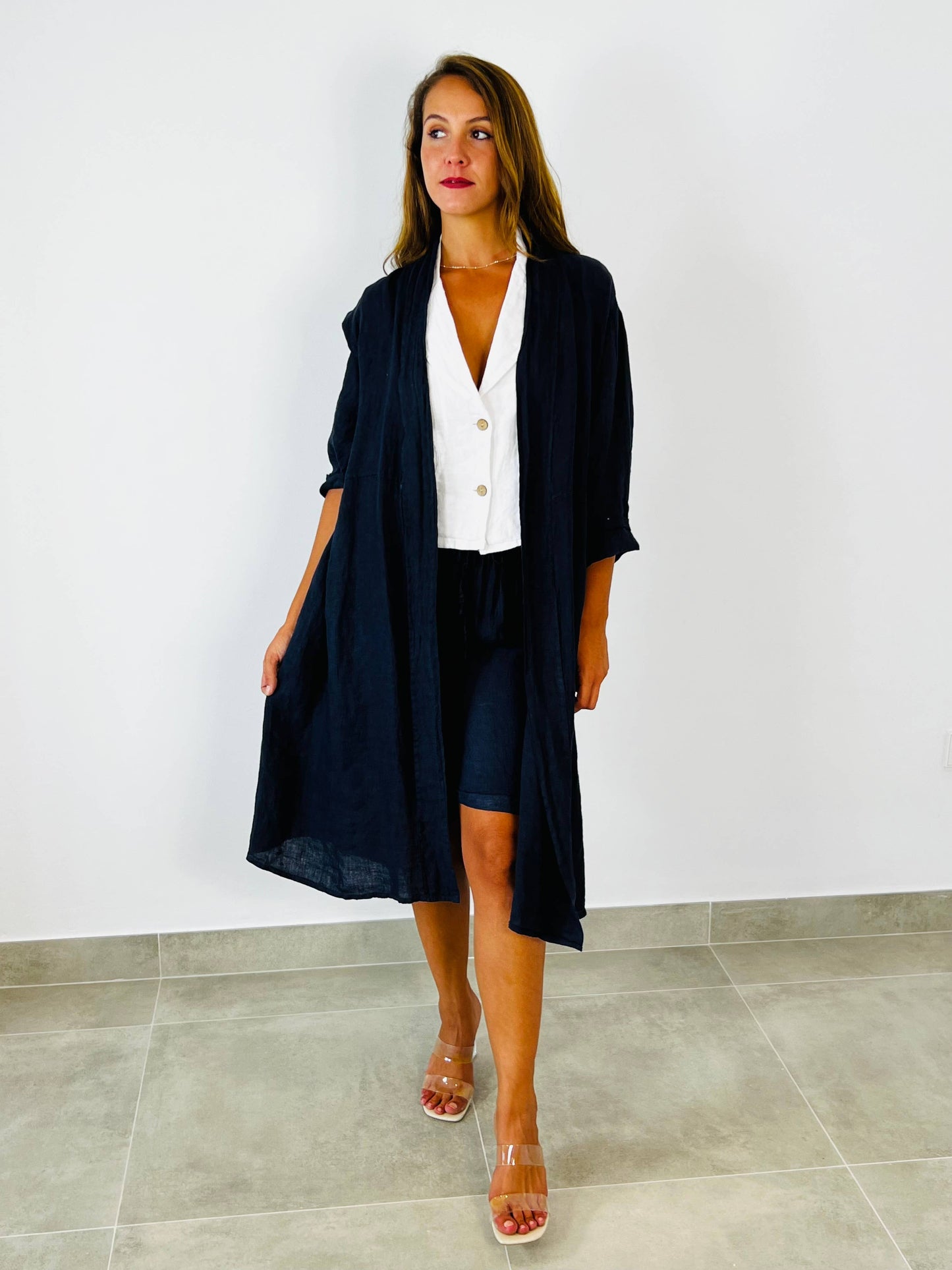 REF 17260 LONG CARDIGAN 100% LINEN: BEIGE