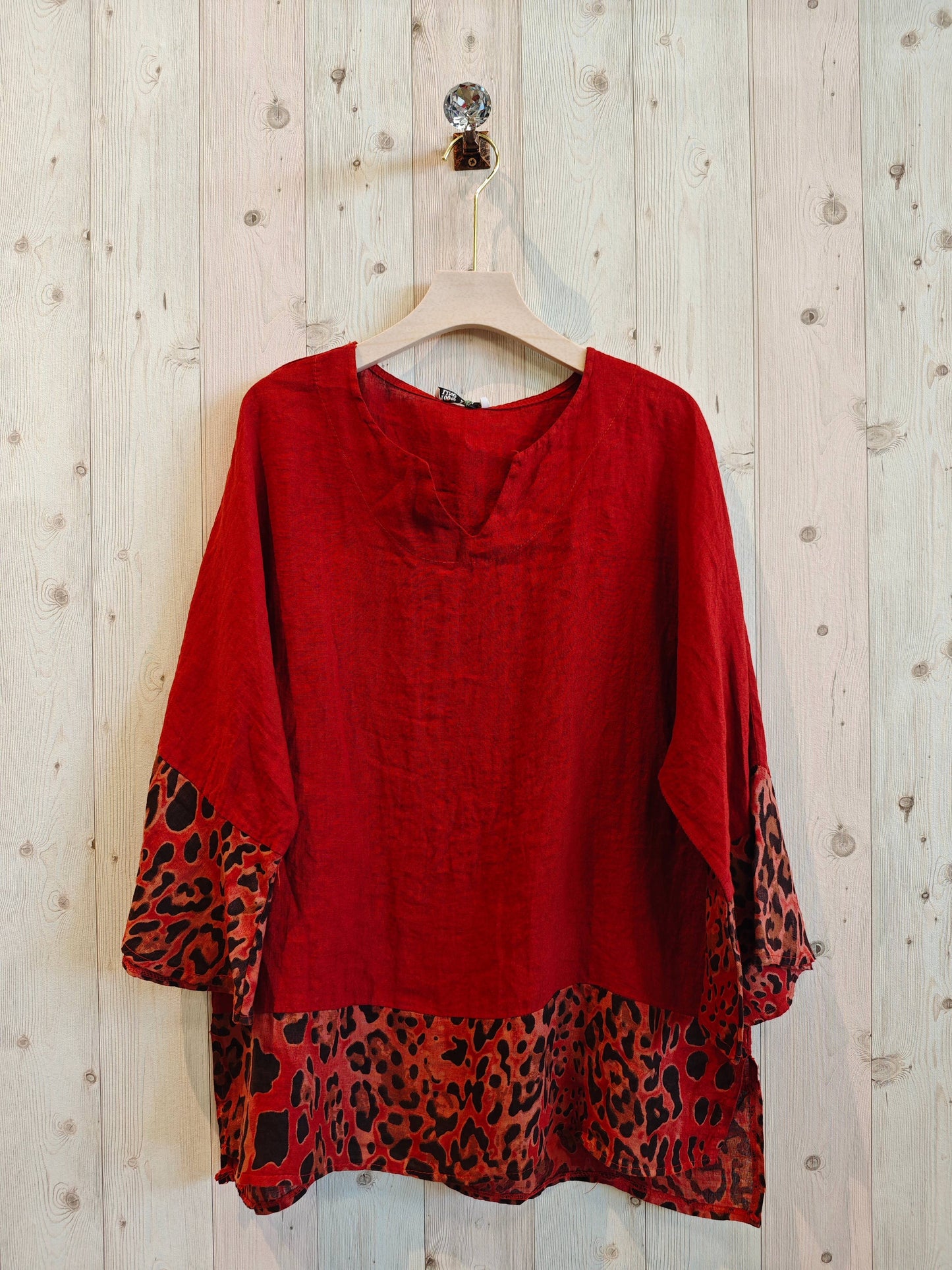 REF 12035 100% LINEN LEOPARD PRINT BLOUSE: CAMEL