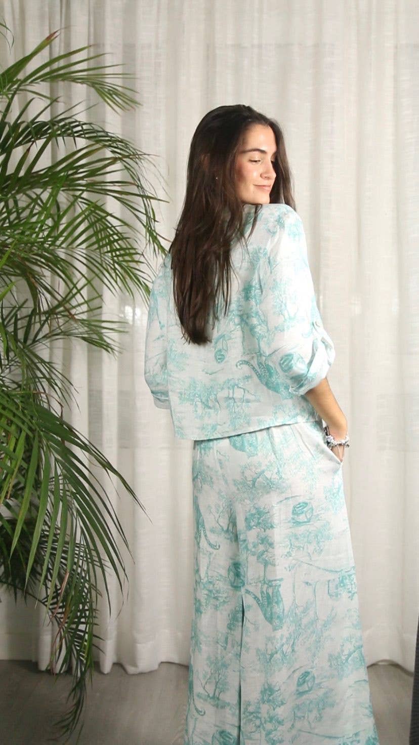 REF 8226 KNOT SHIRT PRINTED 100% LINEN: Blue