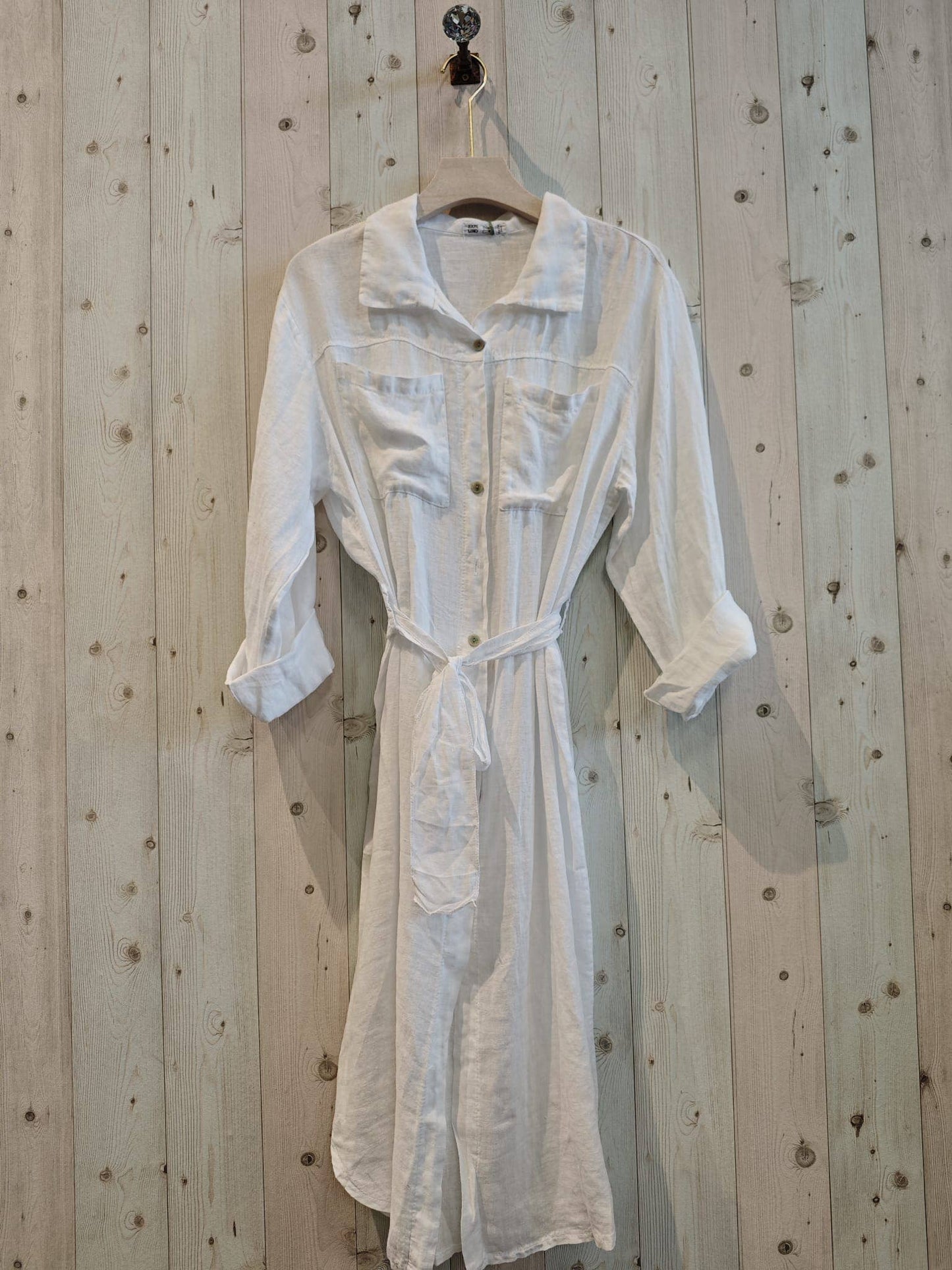 REF 26201 LONG SHIRT DRESS WITH WAIST 100% LINEN: CAMEL