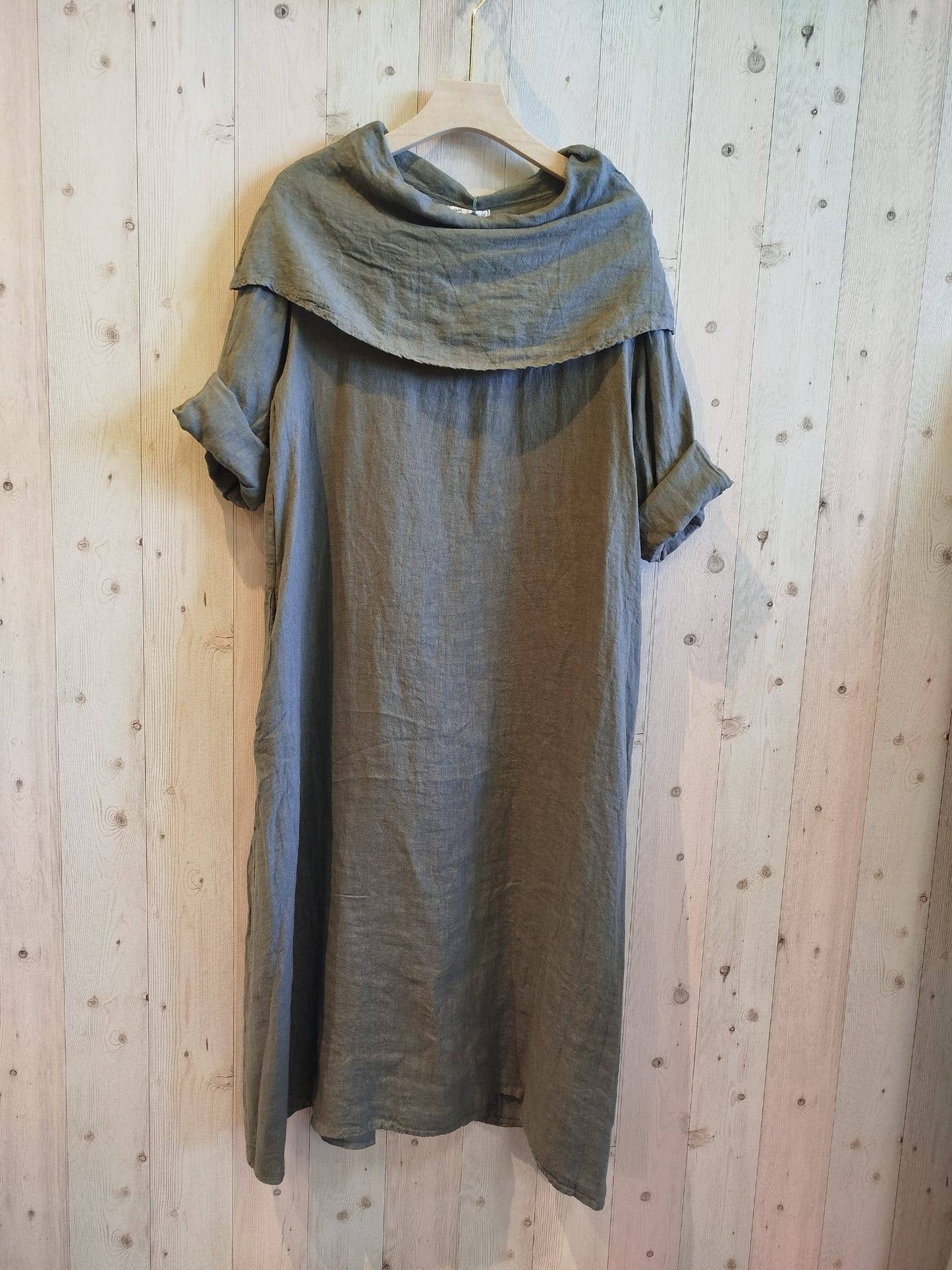 REF 2632 DRESS WITH LAPEL COLLAR 100% LINEN: Blue