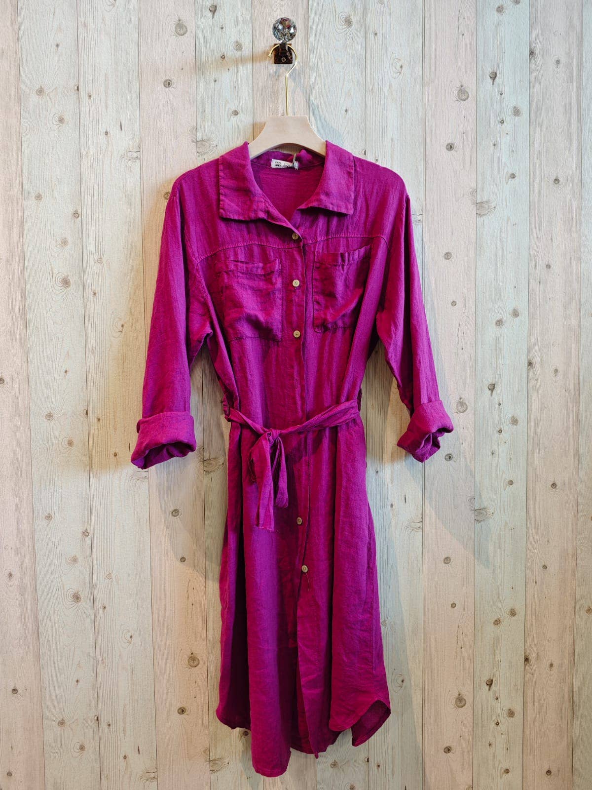 REF 26201 LONG SHIRT DRESS WITH WAIST 100% LINEN: CAMEL