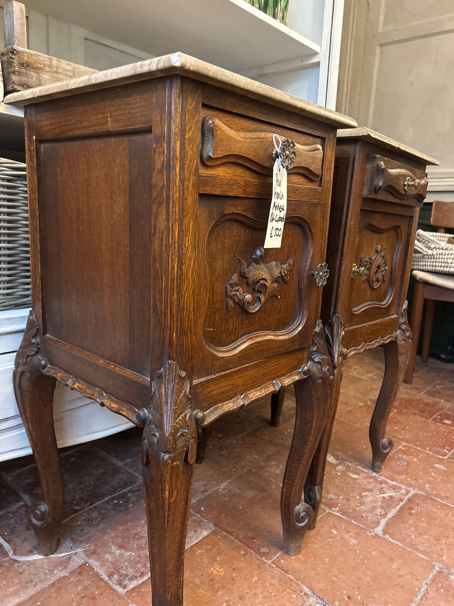 Pair oak marble pot cupboards bedside
