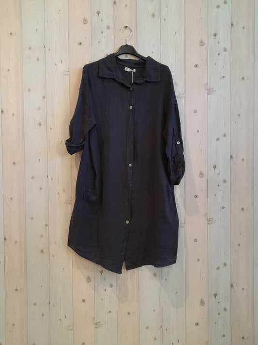 100% LINEN SHORT DRESS: BLACK