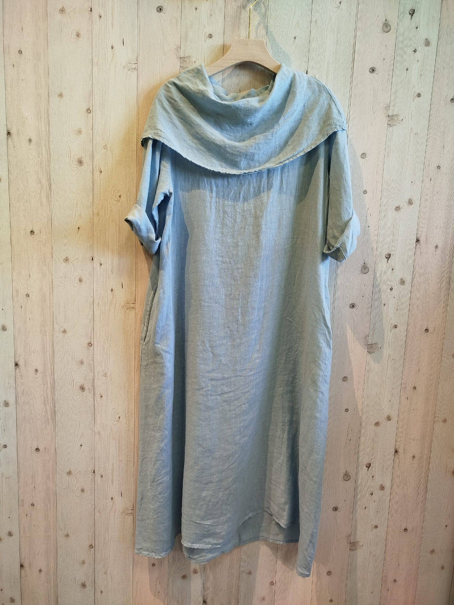 REF 2632 DRESS WITH LAPEL COLLAR 100% LINEN: Blue