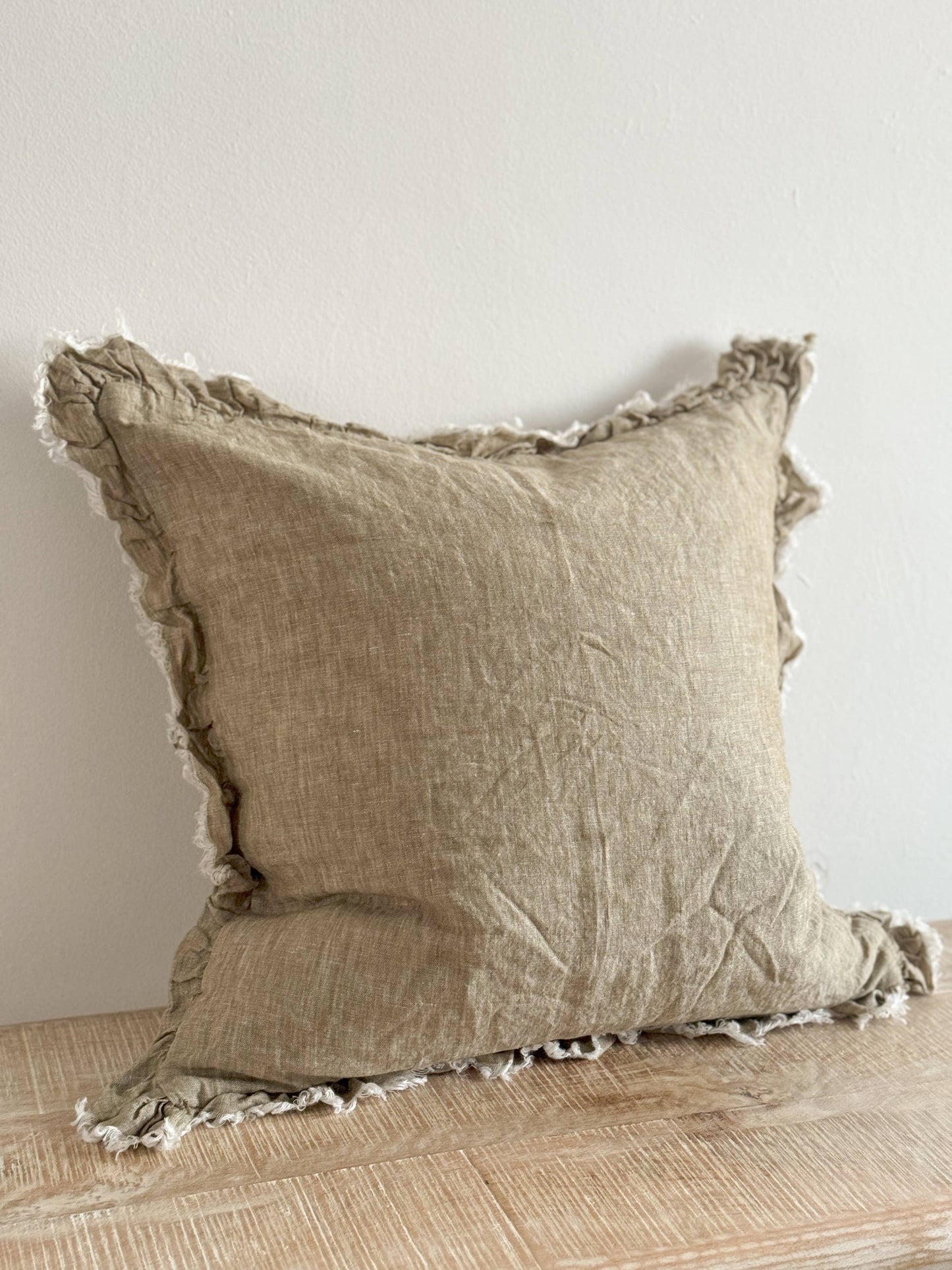 Hallie Ruffled Linen Cushion Cover – Washed Olive: 50 x 30 cm