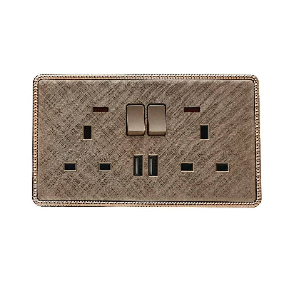 Screwless Textured Gold Light Switches & Socket: 2 Gang Socket