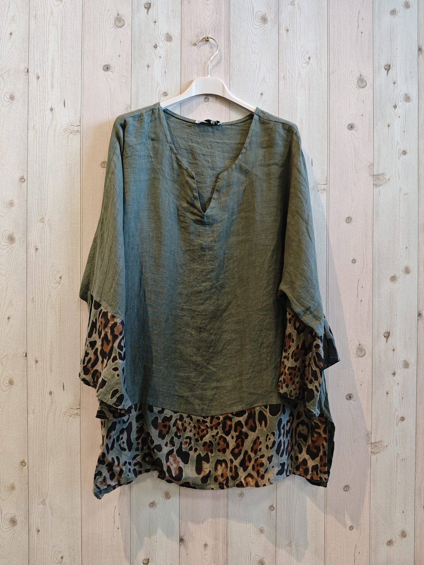 REF 12035 100% LINEN LEOPARD PRINT BLOUSE: BEIGE