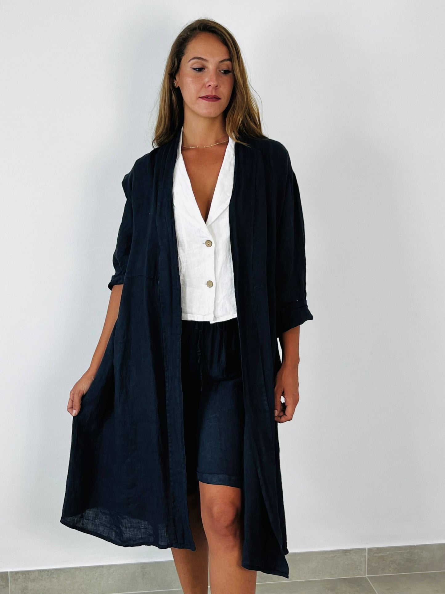 REF 17260 LONG CARDIGAN 100% LINEN: BEIGE