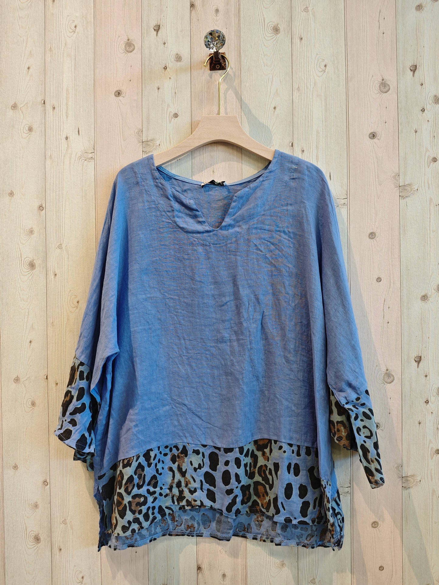 REF 12035 100% LINEN LEOPARD PRINT BLOUSE: CAMEL