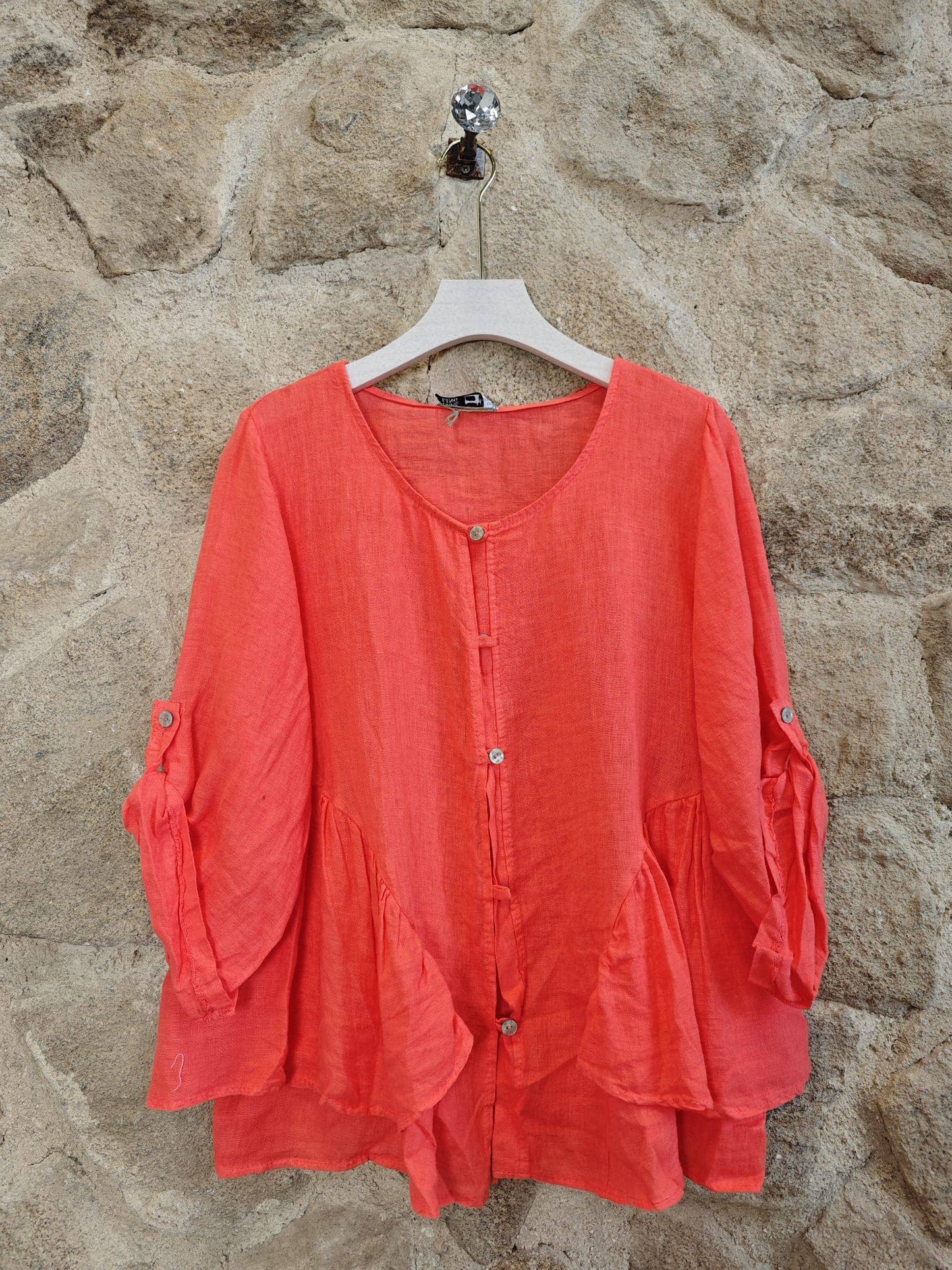 Ref-12232 RUFFLED BLOUSE 100% LINEN: KHAKI
