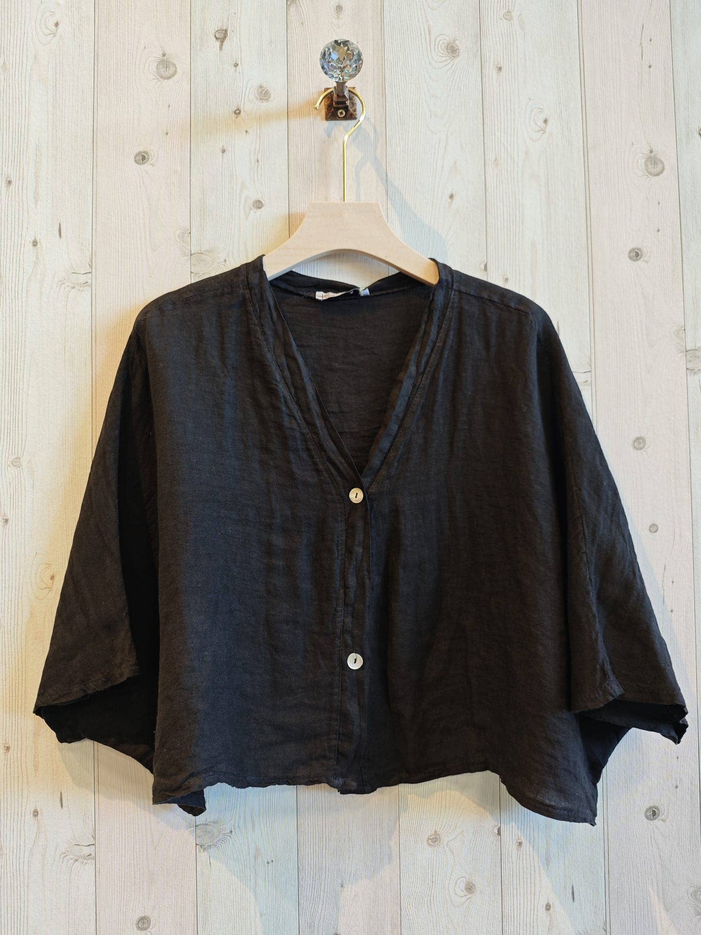 SHORT ELBOW SLEEVE BLOUSE 100% LINEN: BLACK