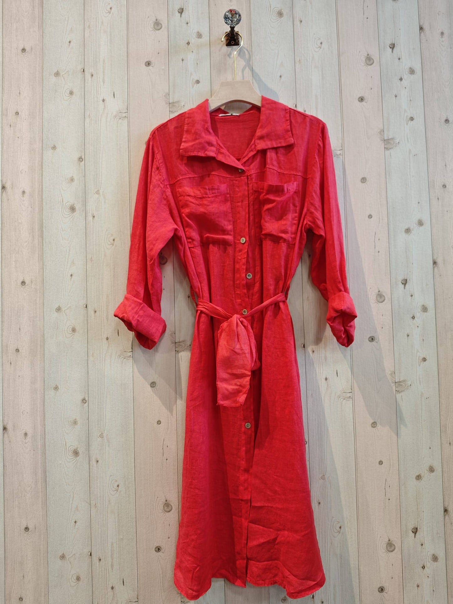 REF 26201 LONG SHIRT DRESS WITH WAIST 100% LINEN: CAMEL