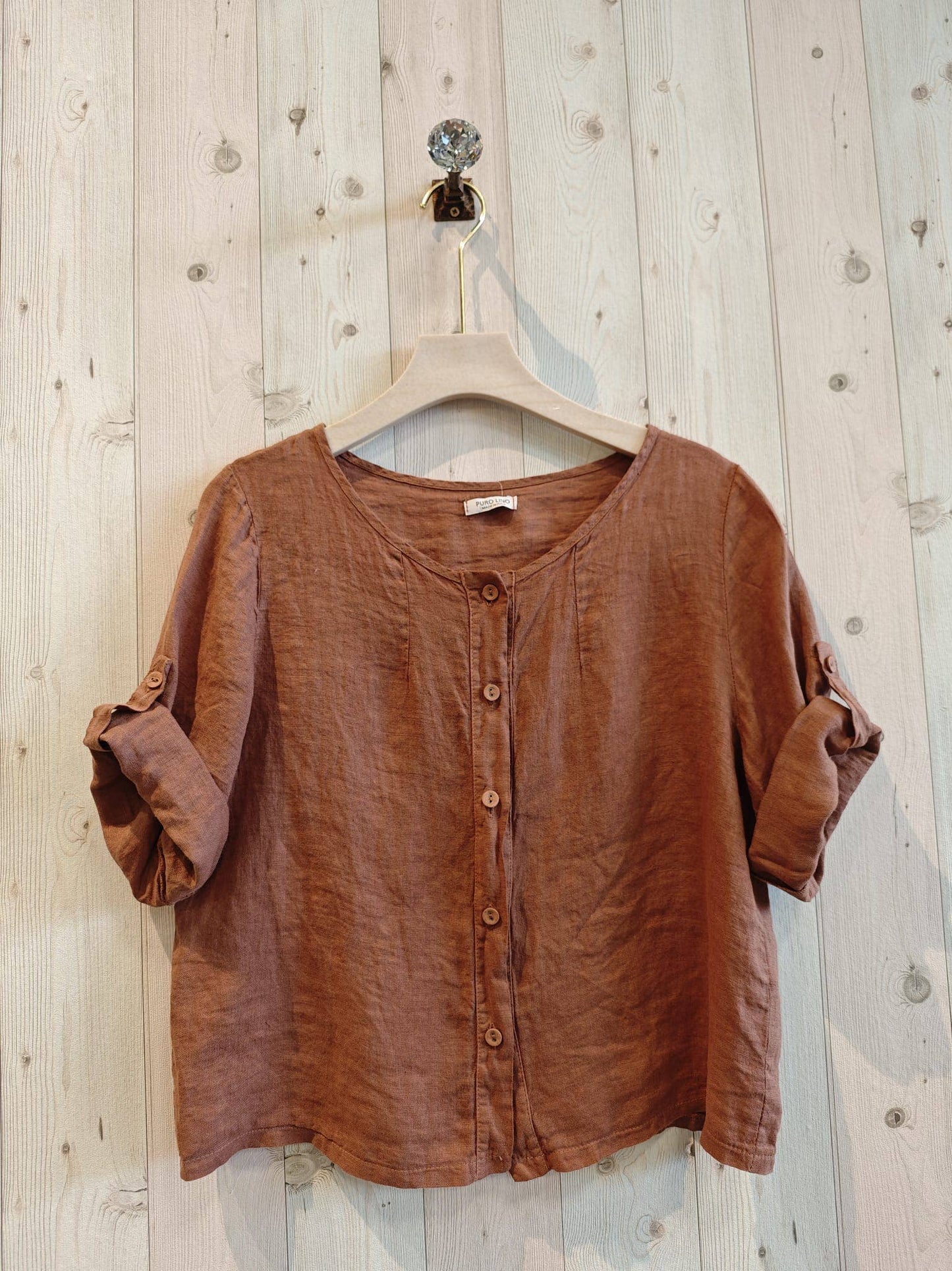 BLOUSE WITH BUTTONS 100% LINEN: BROWN