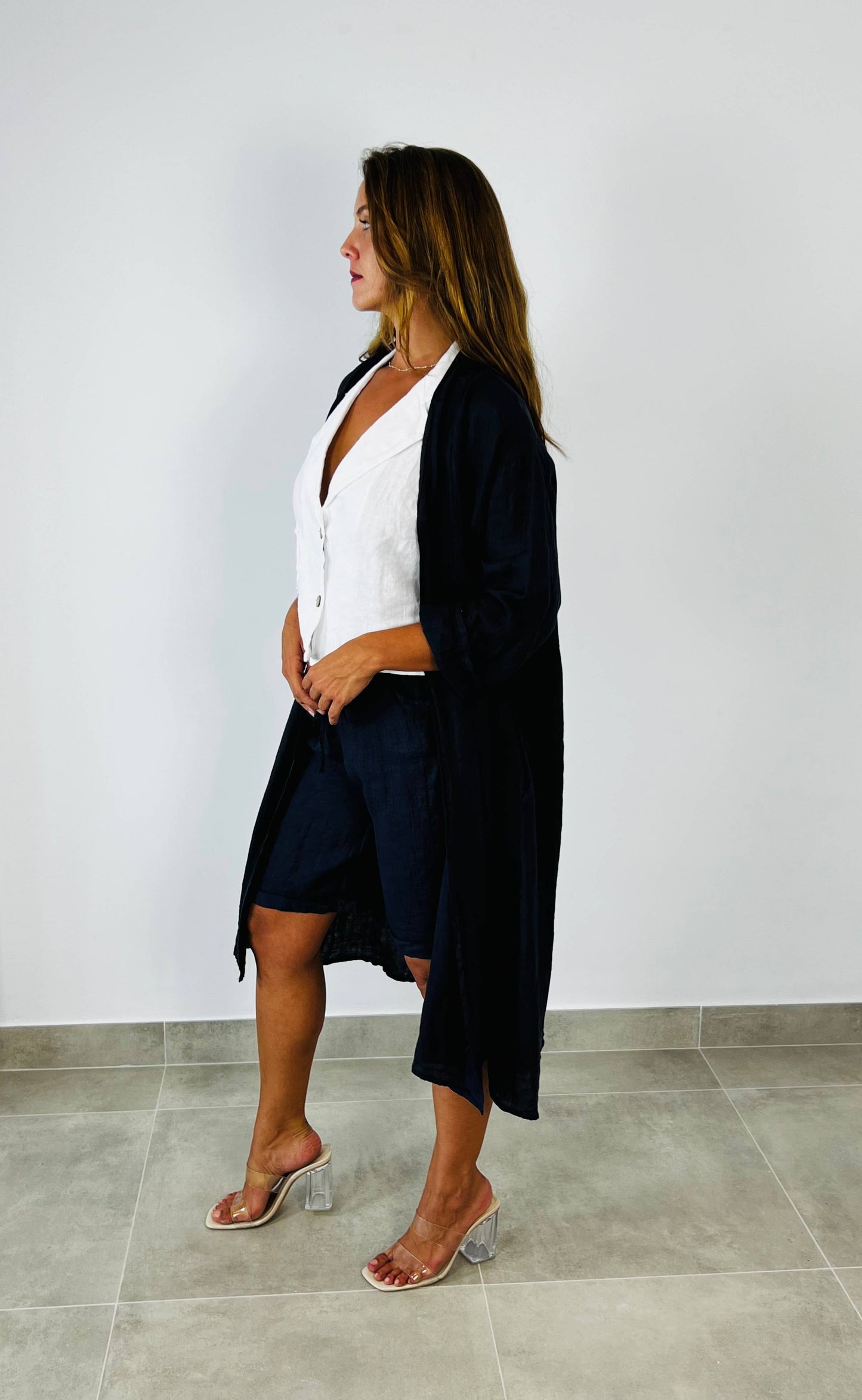 REF 17260 LONG CARDIGAN 100% LINEN: BEIGE