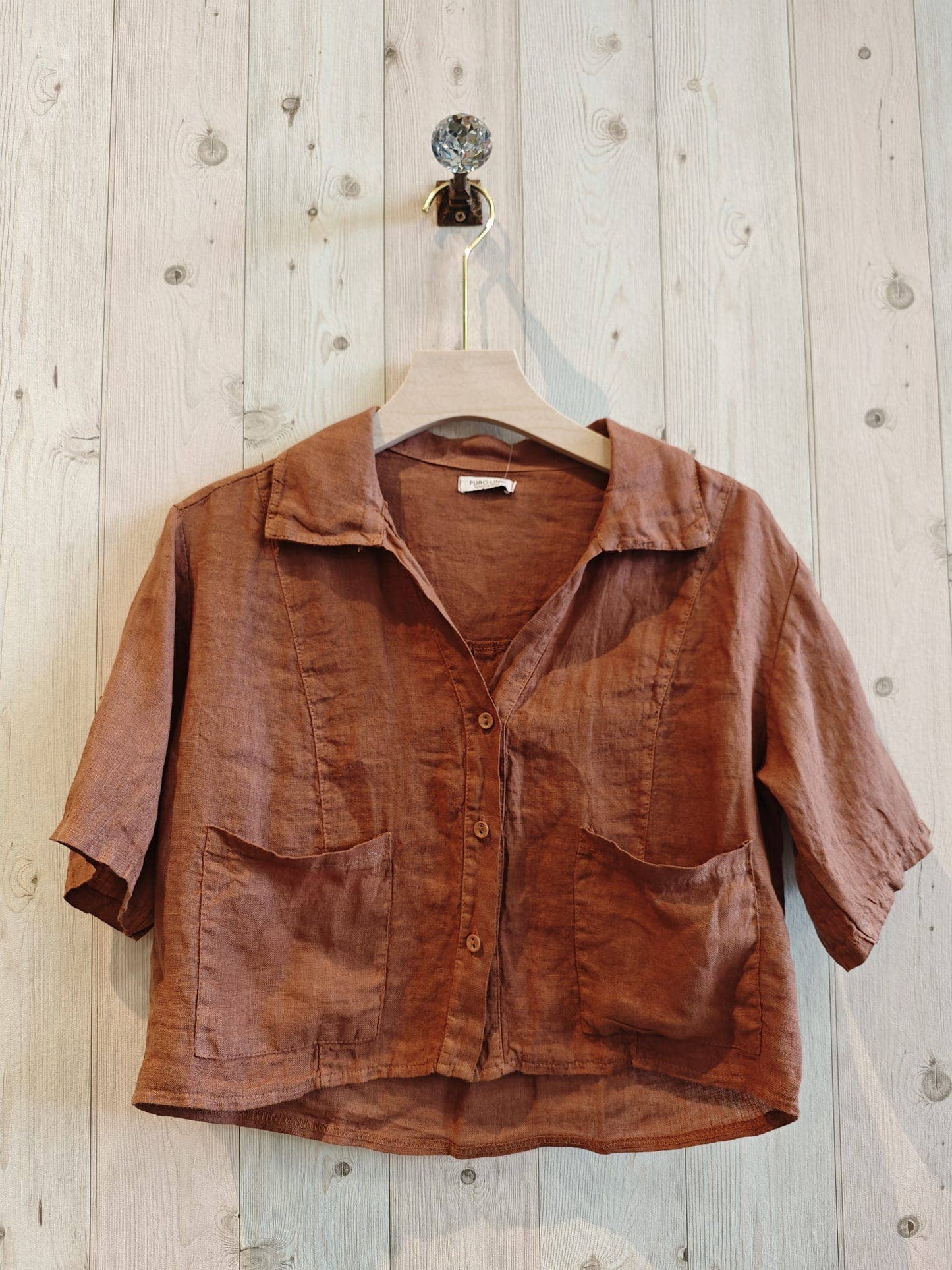 SHORT LINEN SHIRT 100%: BROWN