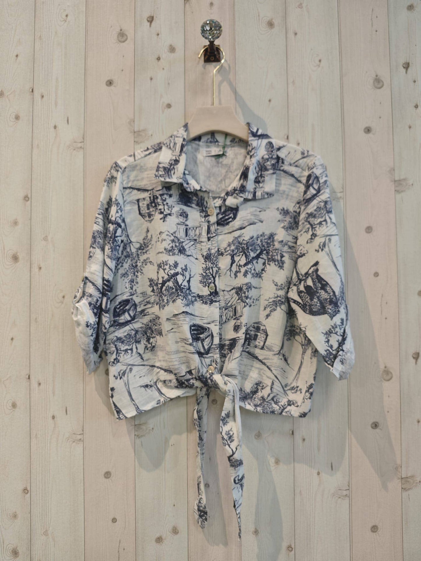 REF 8226 KNOT SHIRT PRINTED 100% LINEN: Blue
