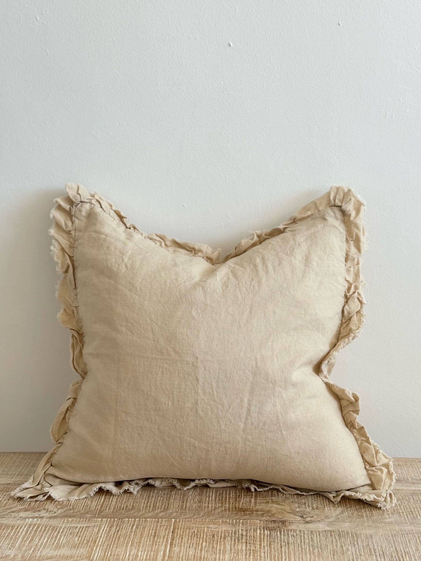 Hallie Dark Cream Cushion Cover – Ruffled edge linen : 45 x 45 cm