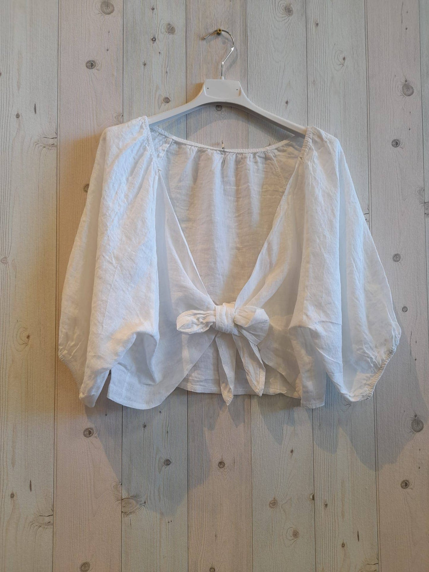 REF 17339 100% LINEN SHORT TIE BLOUSE: BLUE