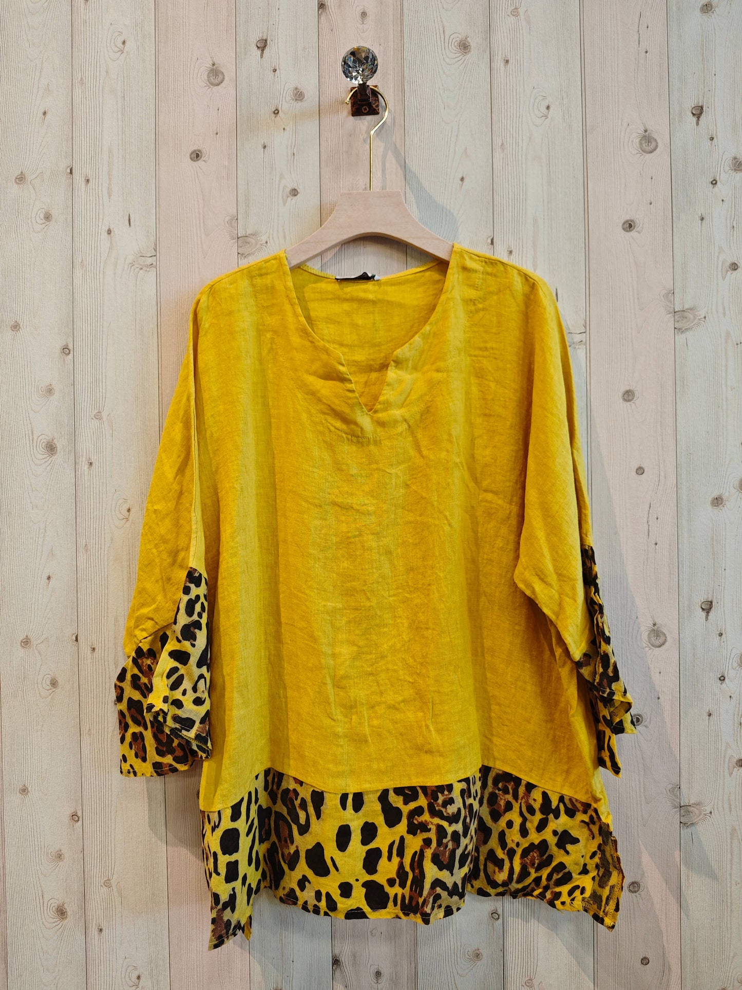 REF 12035 100% LINEN LEOPARD PRINT BLOUSE: CAMEL