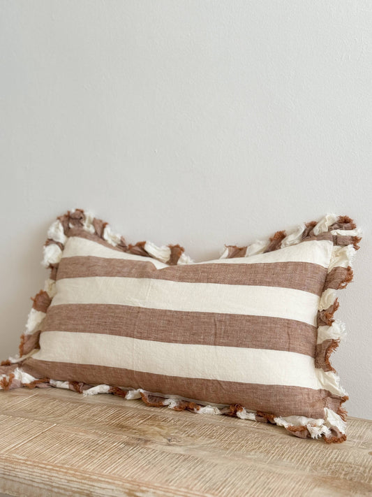 Hallie Ruffled Linen Cushion Cover 50x30 – Rust Wide Stripe
