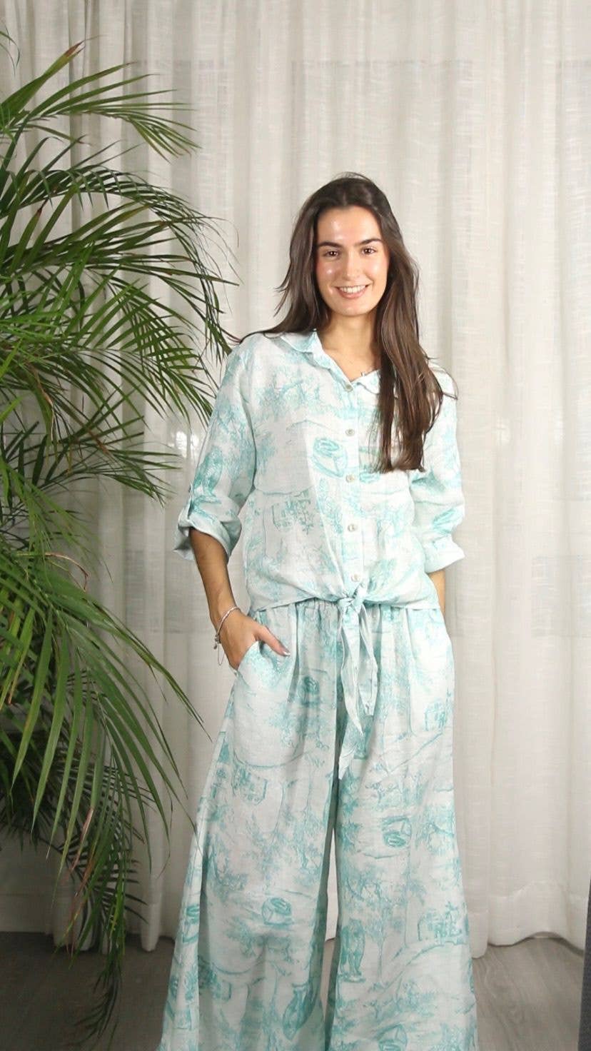 REF 996 PRINTED LINEN TROUSERS 100%: Blue