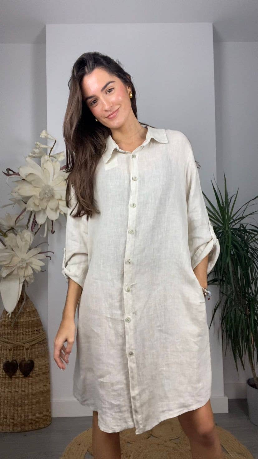 REF 89075 100% LINEN SHORT T-SHIRT: CAMEL