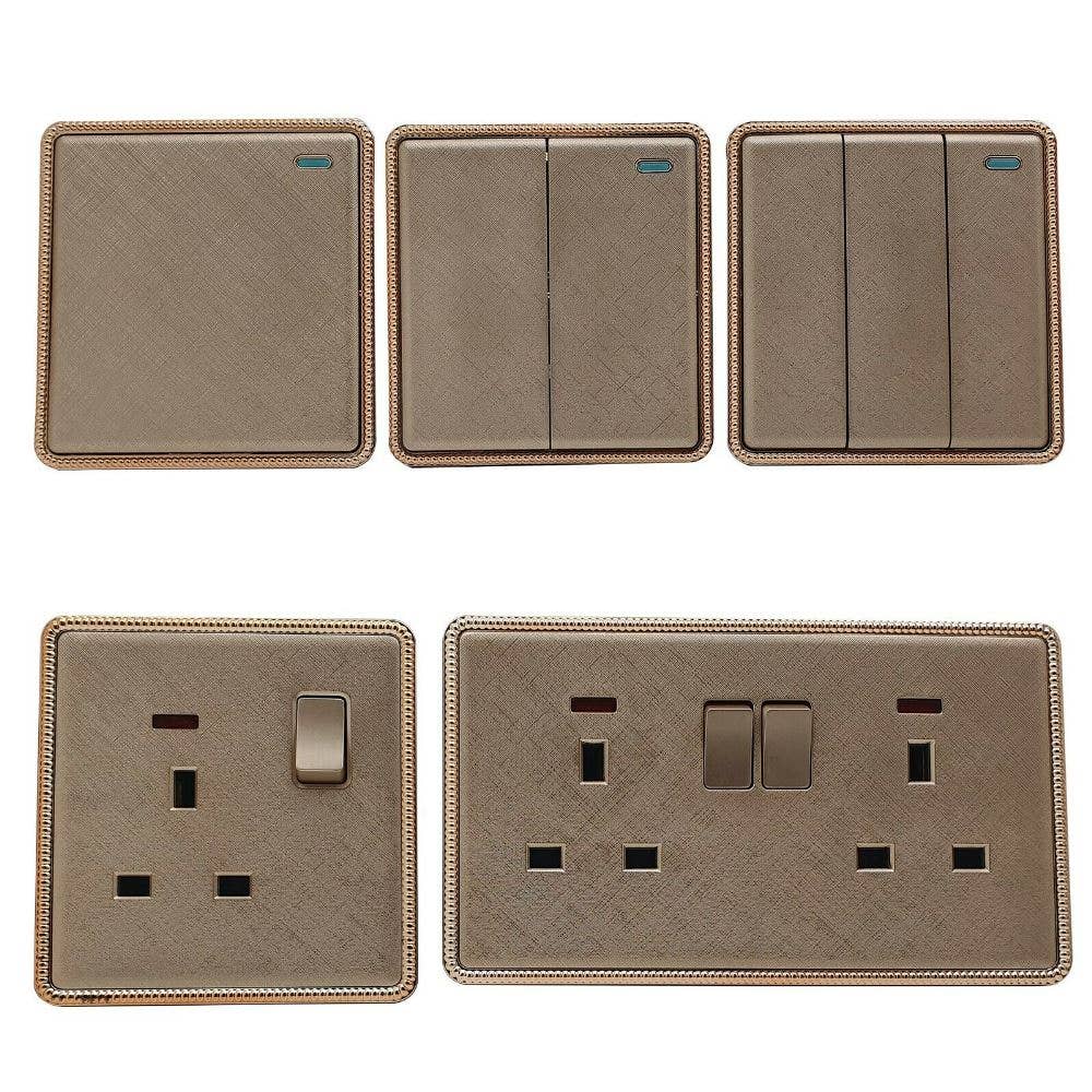 Screwless Textured Gold Light Switches & Socket: 2 Gang Socket