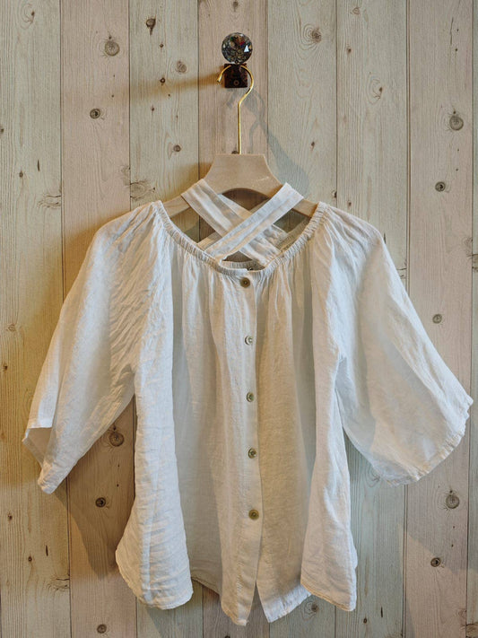 T-SHIRT WITH ONE-SHOULDER SLEEVE 100% LINEN: Blank