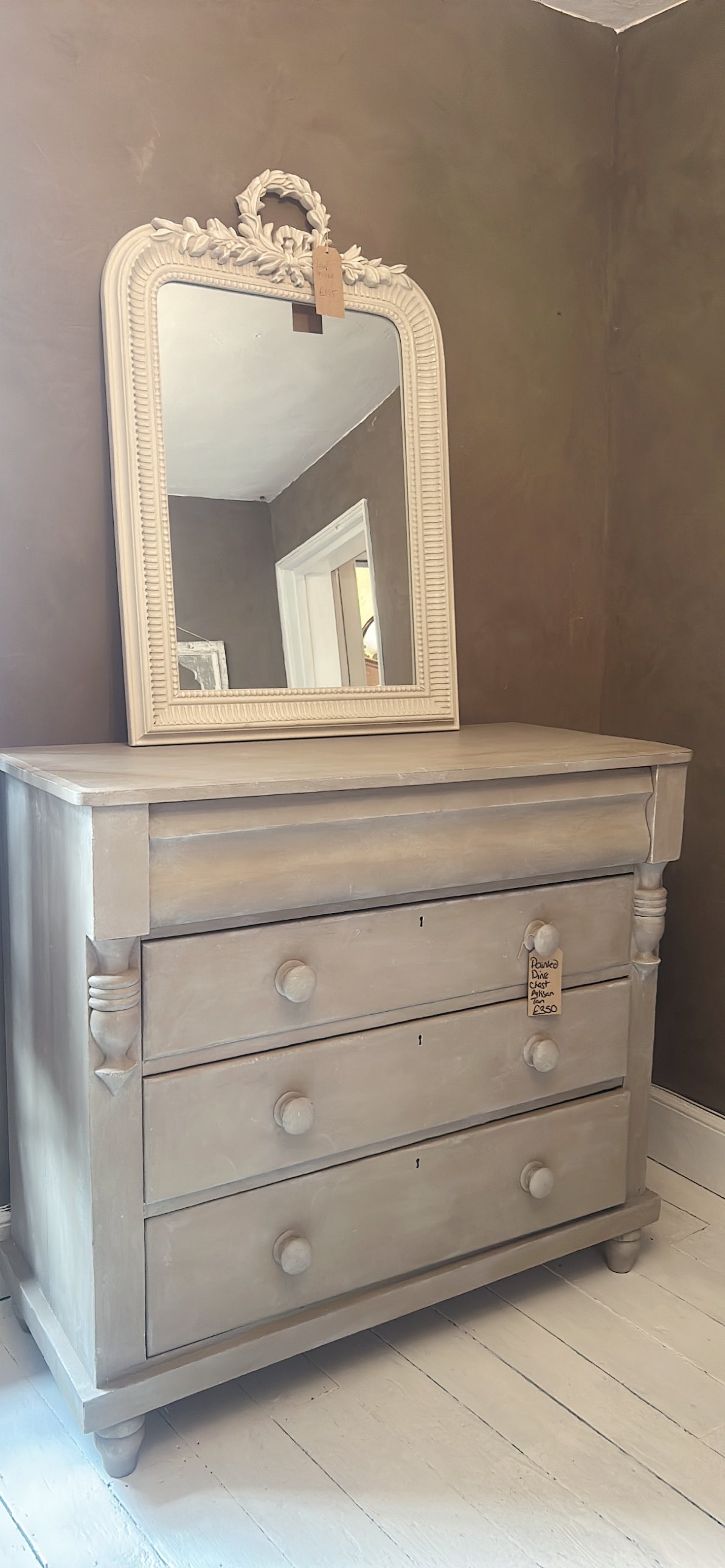 Painted pine antique chest of drawers - artisan tan with white wax