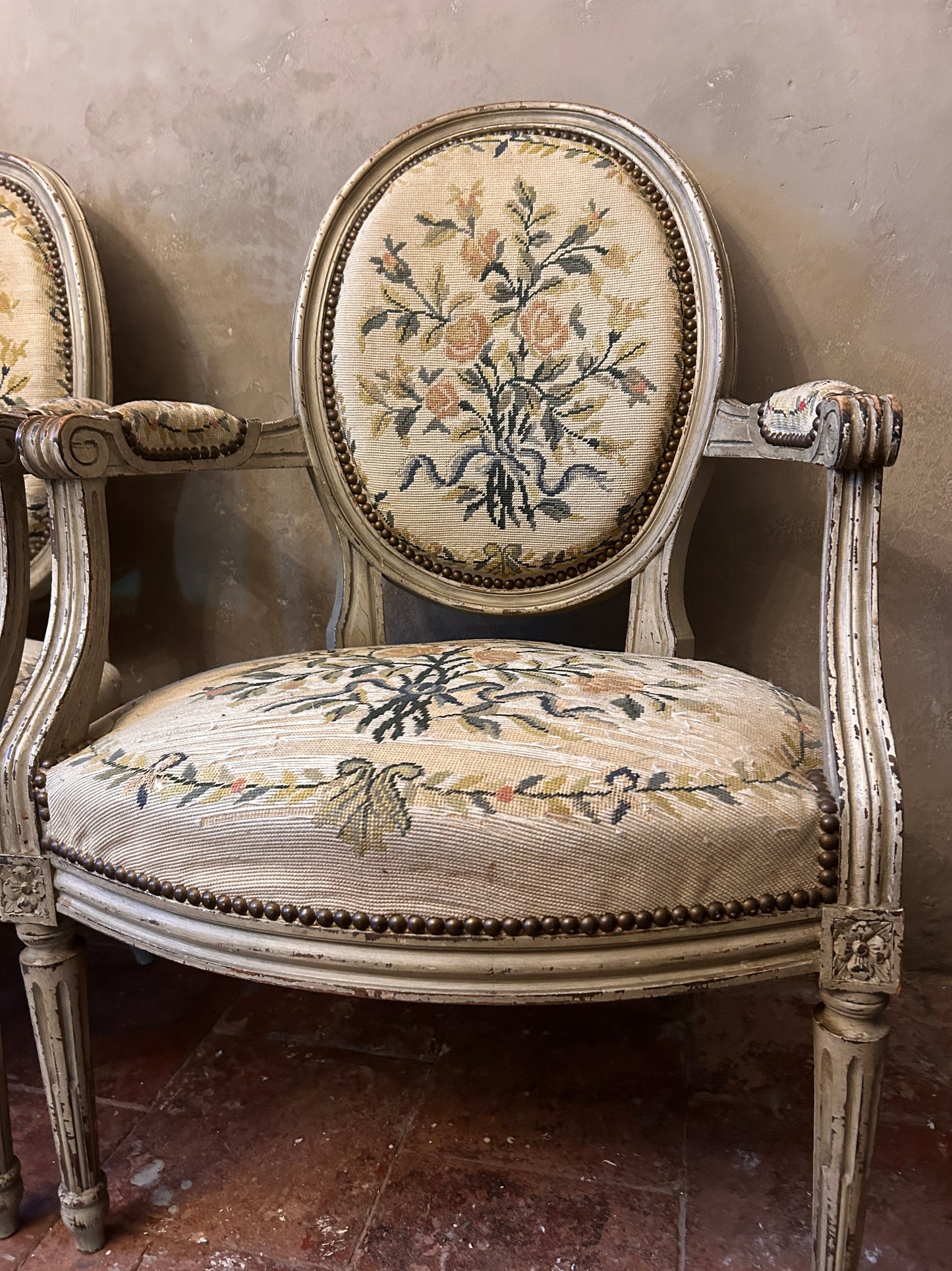 Pair French Louis xv tapestry chairs