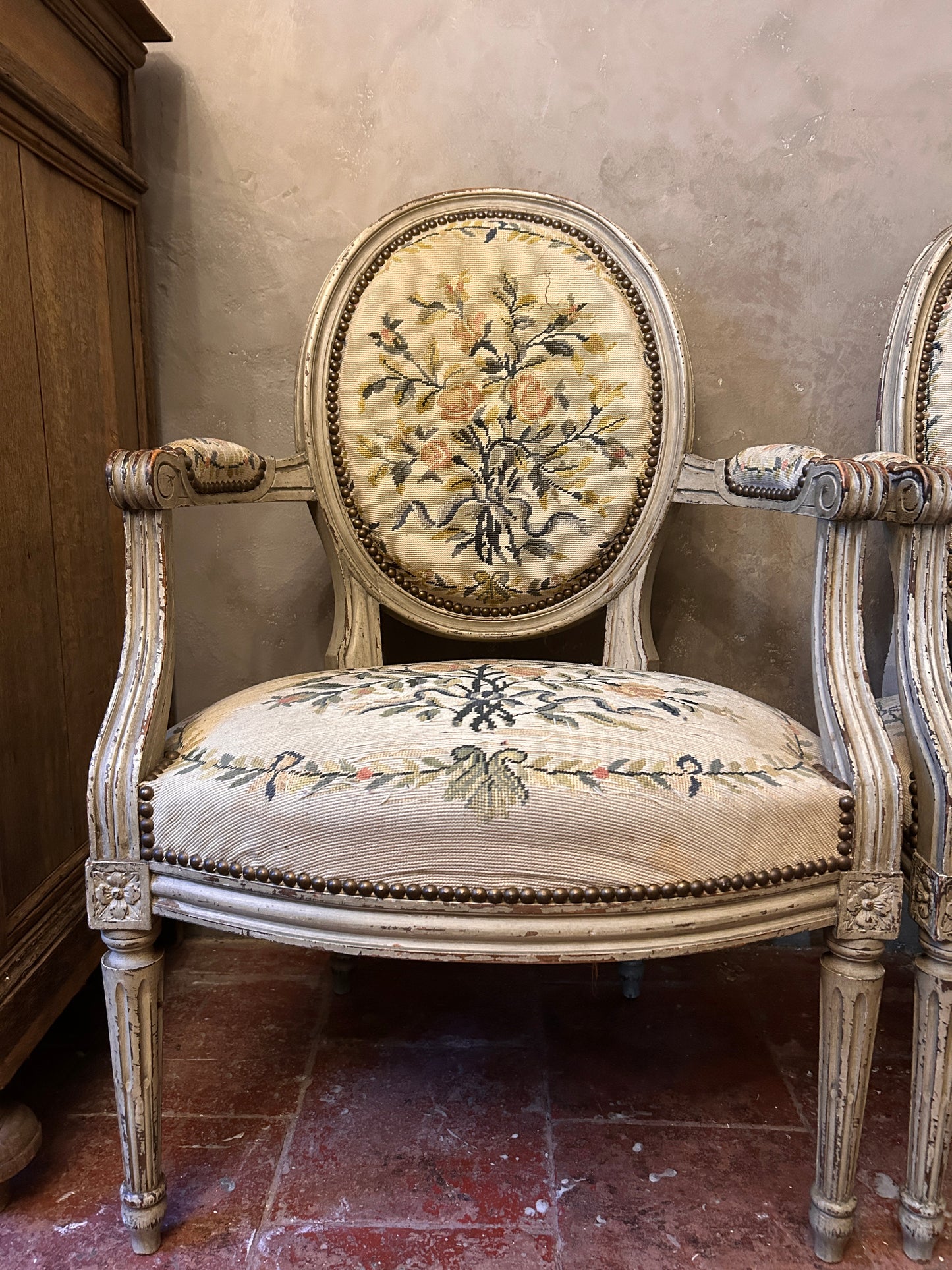 Pair French Louis xv tapestry chairs
