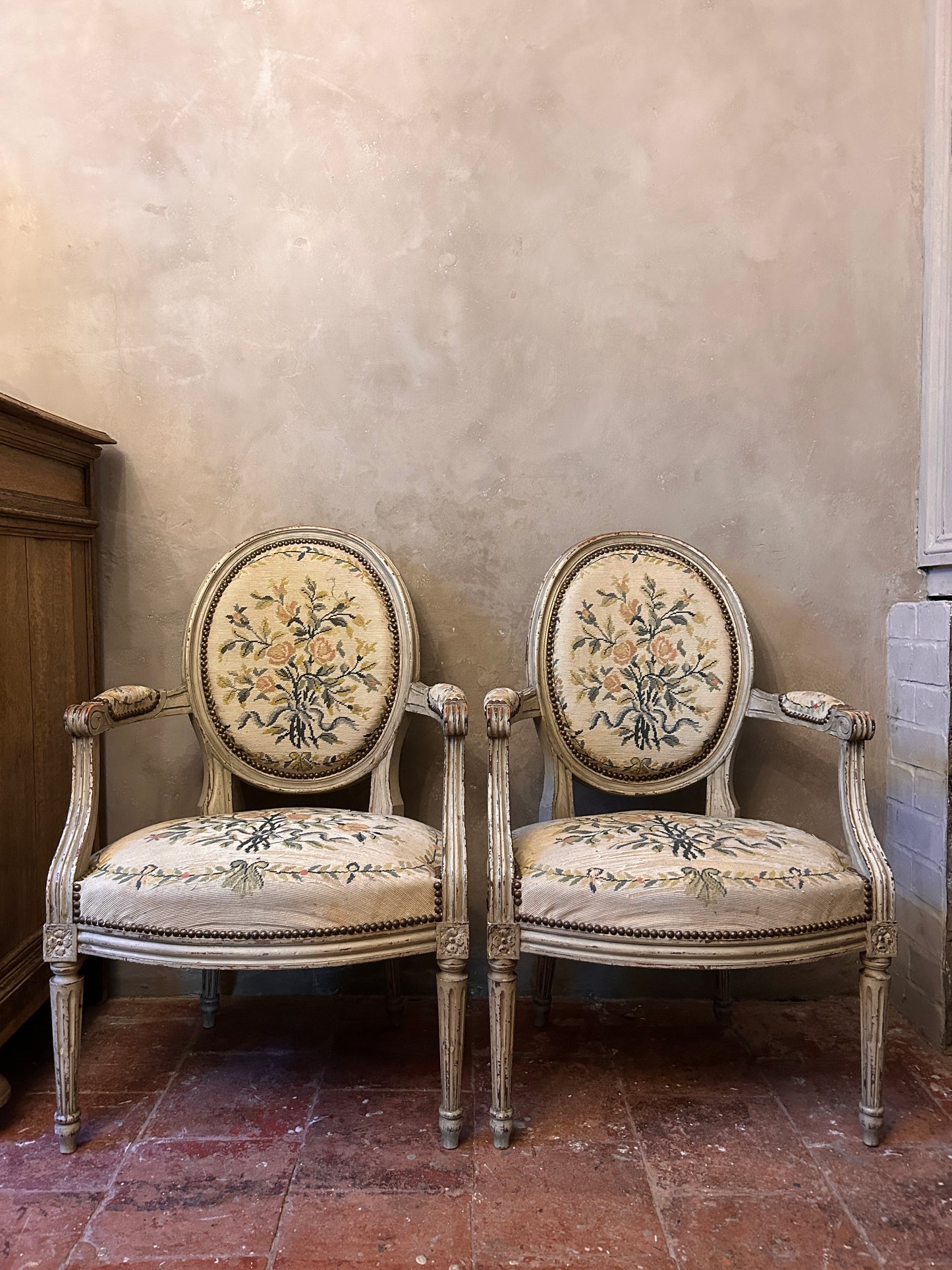 Pair French Louis xv tapestry chairs