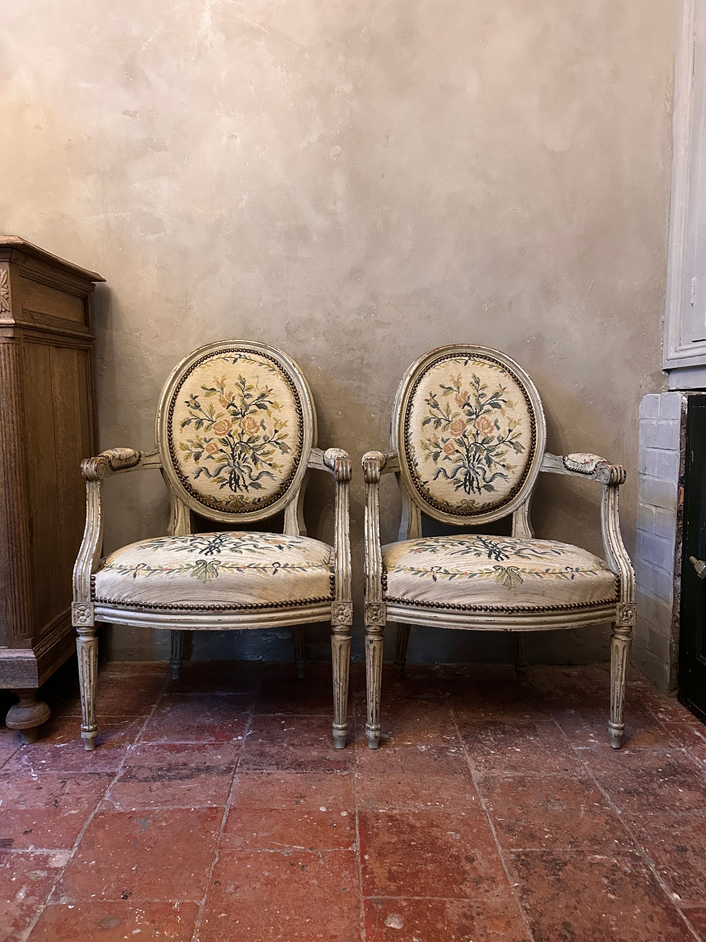 Pair French Louis xv tapestry chairs