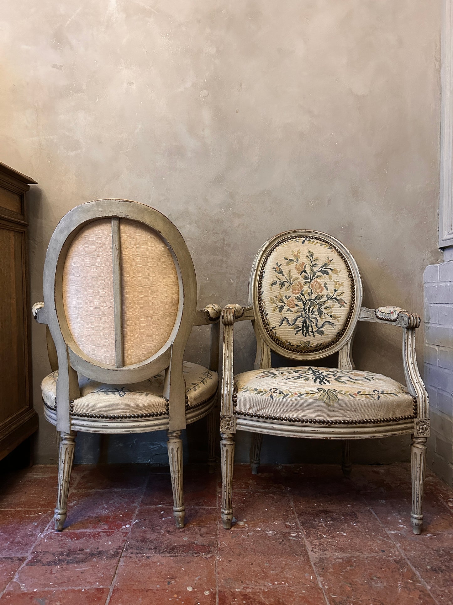 Pair French Louis xv tapestry chairs