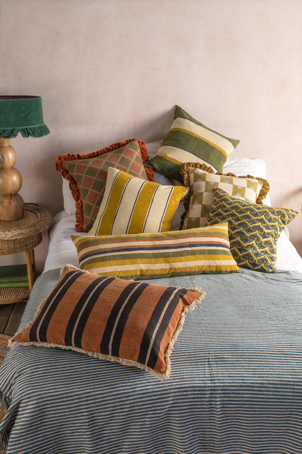 Hunter Green Stripe Block Print Cushion Cover: Feather Inner