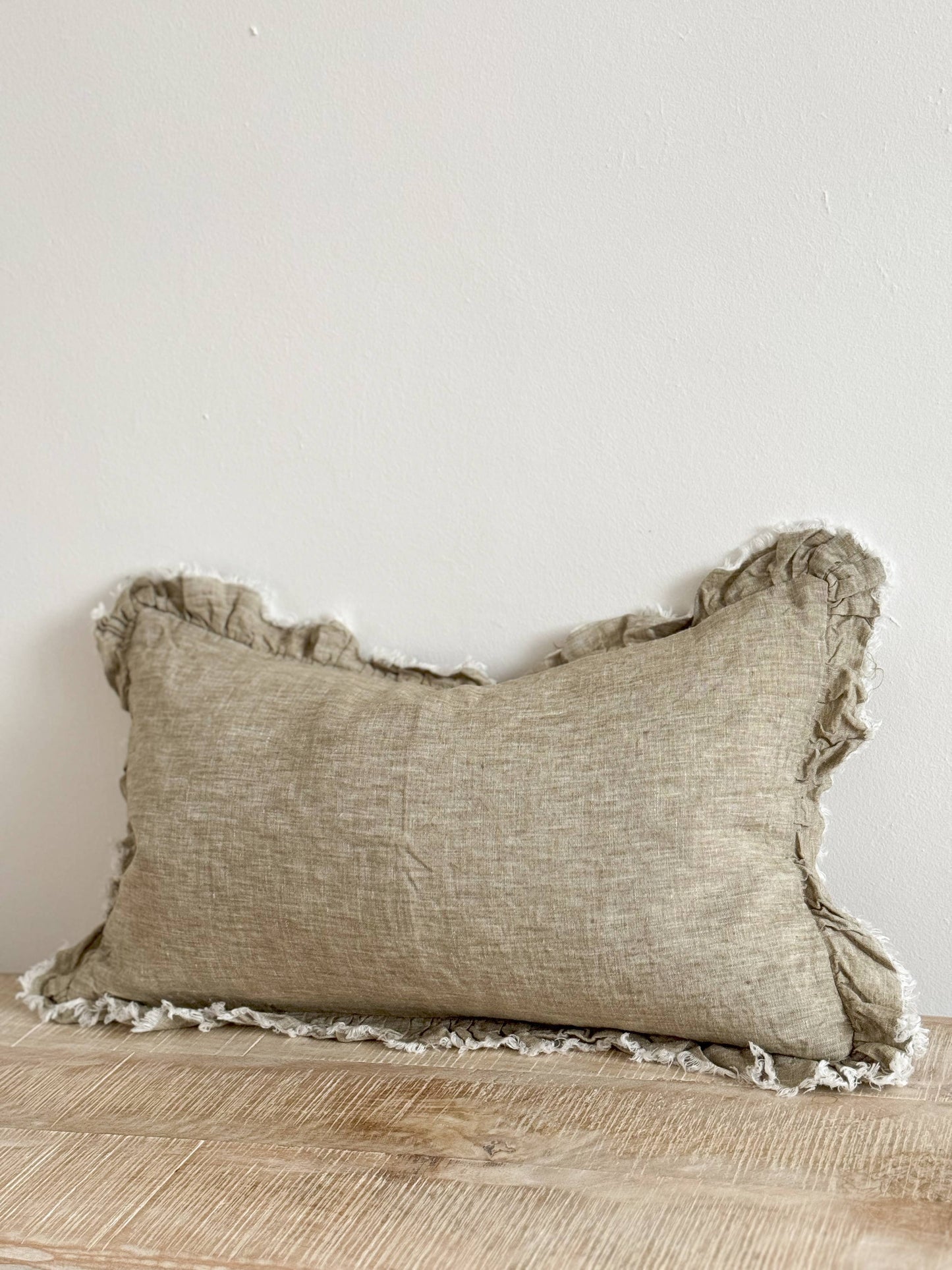 Hallie Ruffled Linen Cushion Cover 50x30- Washed Olive Green