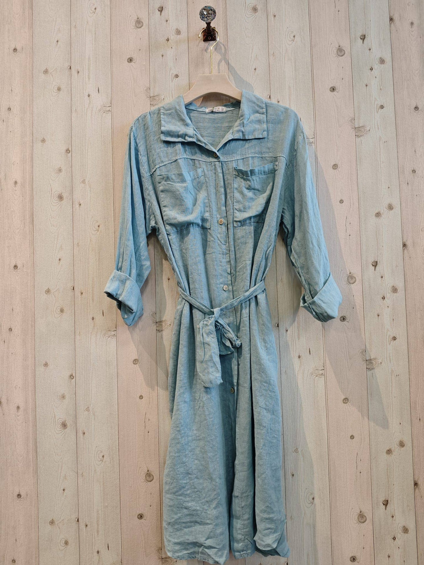 REF 26201 LONG SHIRT DRESS WITH WAIST 100% LINEN: CAMEL