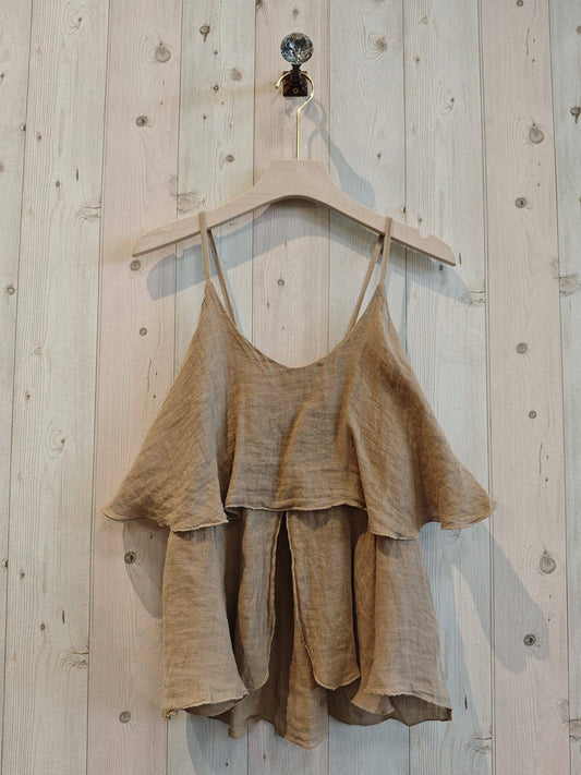 100% LINEN STRAP T-SHIRT: CAMEL