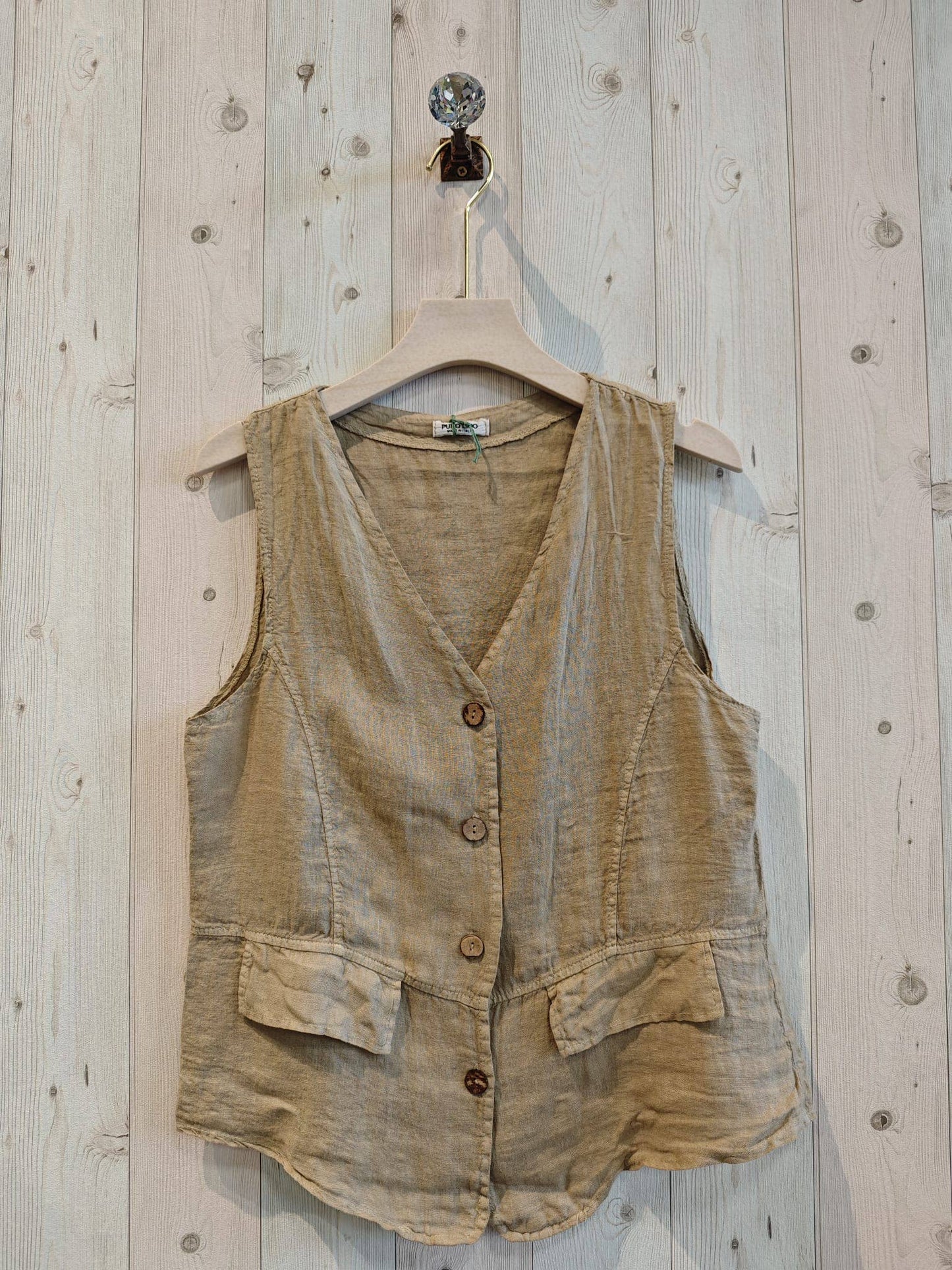REF 17404 100% LINEN VEST: CAMEL